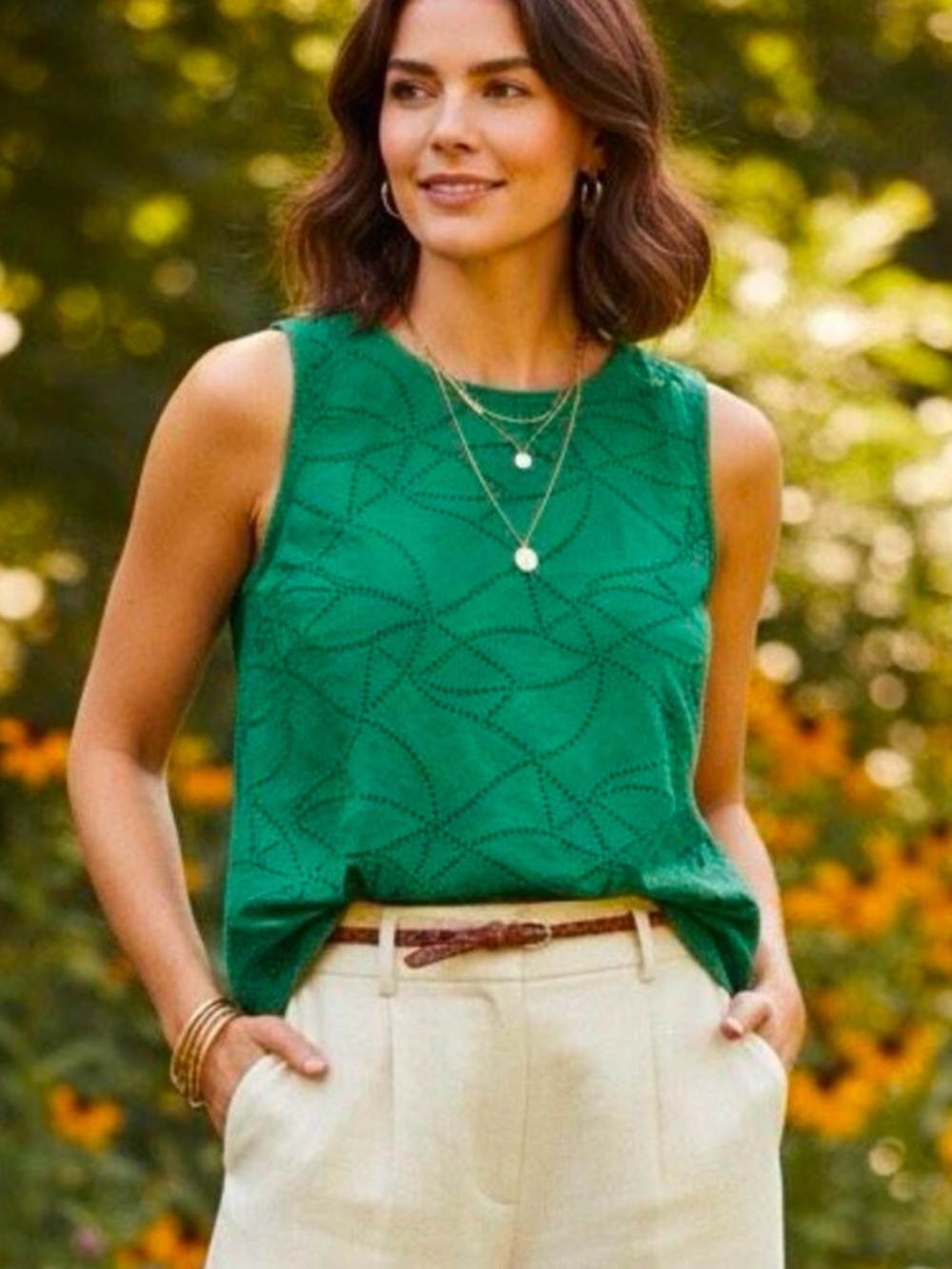 CAbi Eyelet 100% Cotton Sleeveless Top/Blouse Scalloped Hem Green Hue Size S